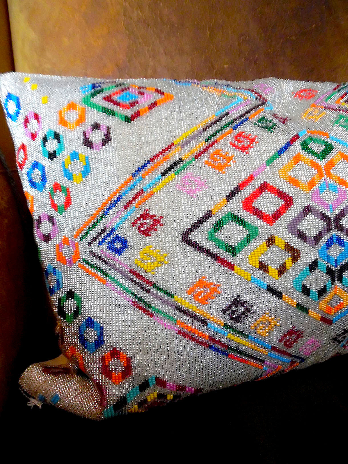 Hand Beaded Pillow Mayan Design White