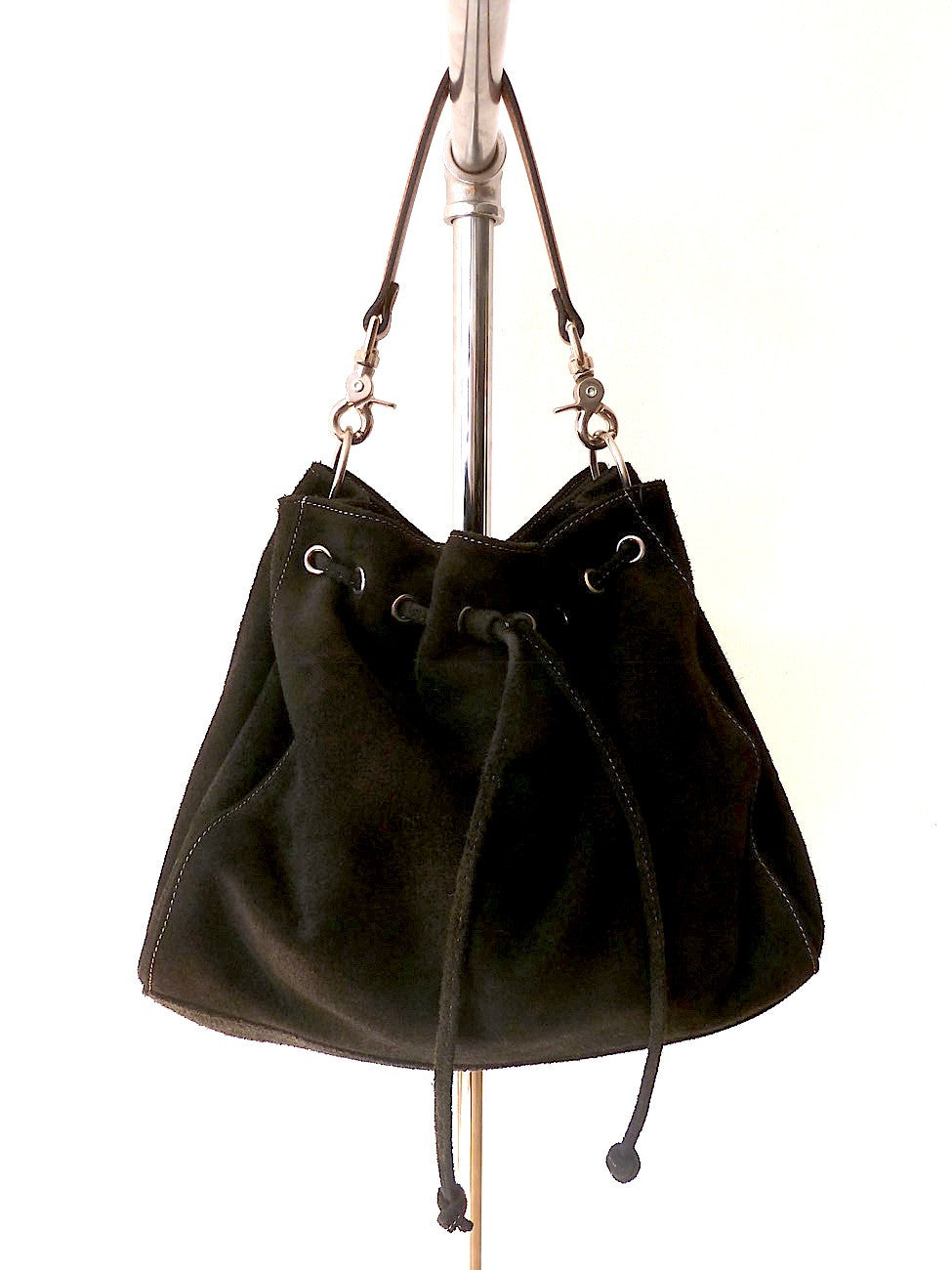 Draw String Hobo Pouch Bag In Black Butter Napa
