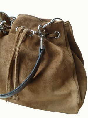 Drawstring Hobo Pouch Bag Napa Leather Grey Beige