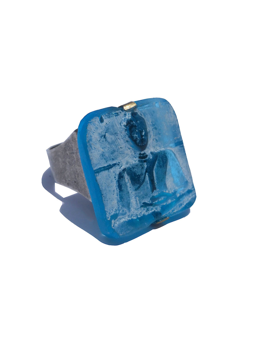 Ring Hand Cast French Glass Blue Buddha