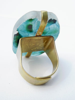 Ring Hand Cast French Glass Green Bug