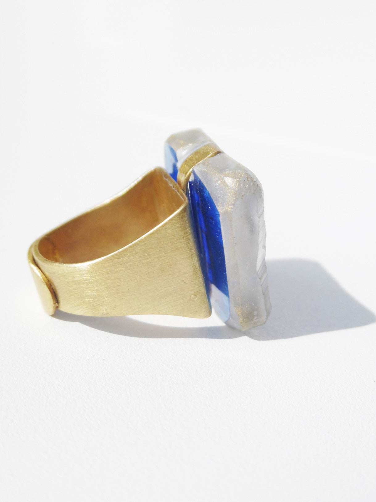 Ring Hand Cast French Glass Blue Gold Butterfly