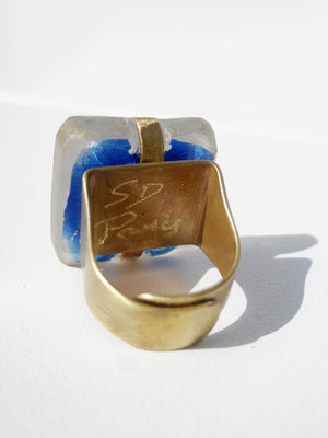 Ring Hand Cast French Glass Blue Gold Butterfly