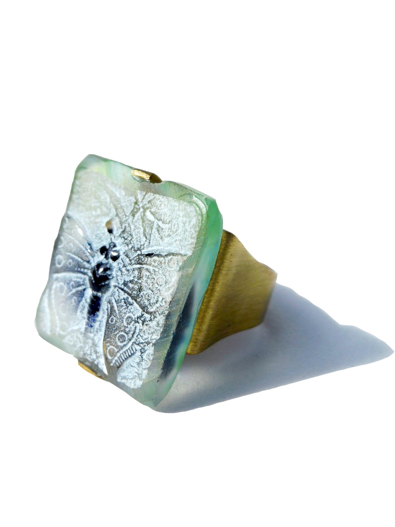 Ring Hand Cast French Glass Green Butterfly