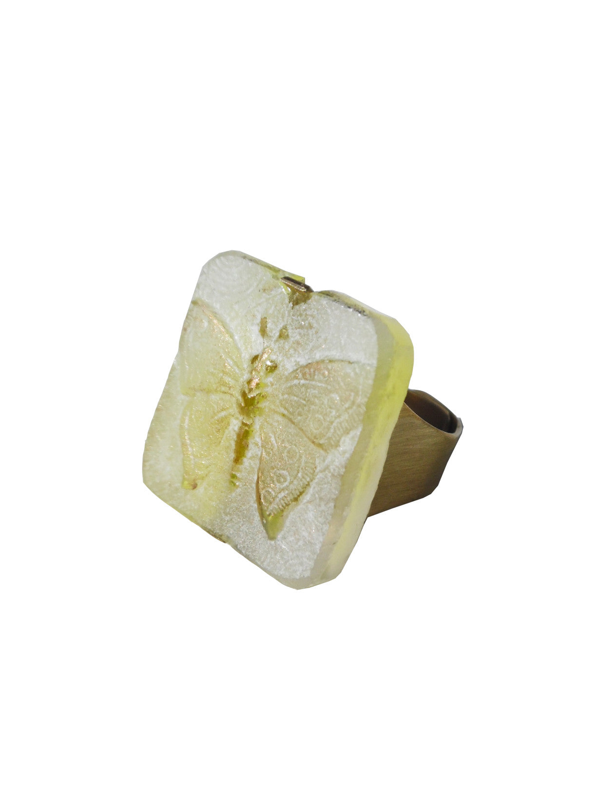 Ring Hand Cast French Glass Yellow Butterfly