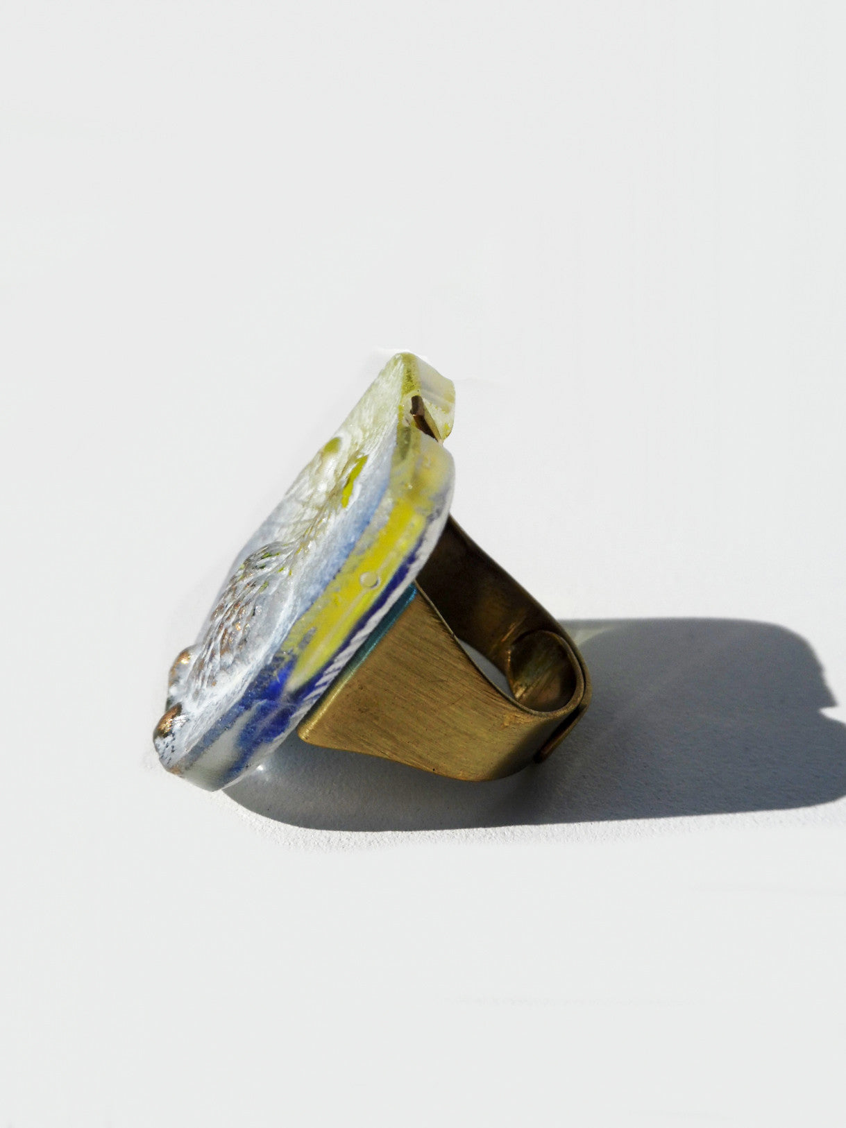 Ring Hand Cast French Glass Eagle Blue And Yellow