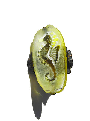 Ring Hand Cast French Glass Yellow Seahorse