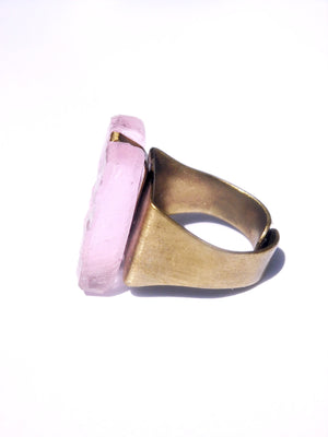 Ring Hand Cast French Glass Pink Flower