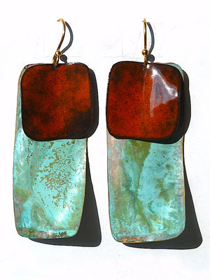 Earrings Dogtag In Patina And Copper Yellow And Burnt Orange