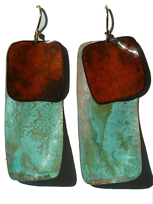 Earrings Dogtag In Patina And Copper Yellow And Burnt Orange