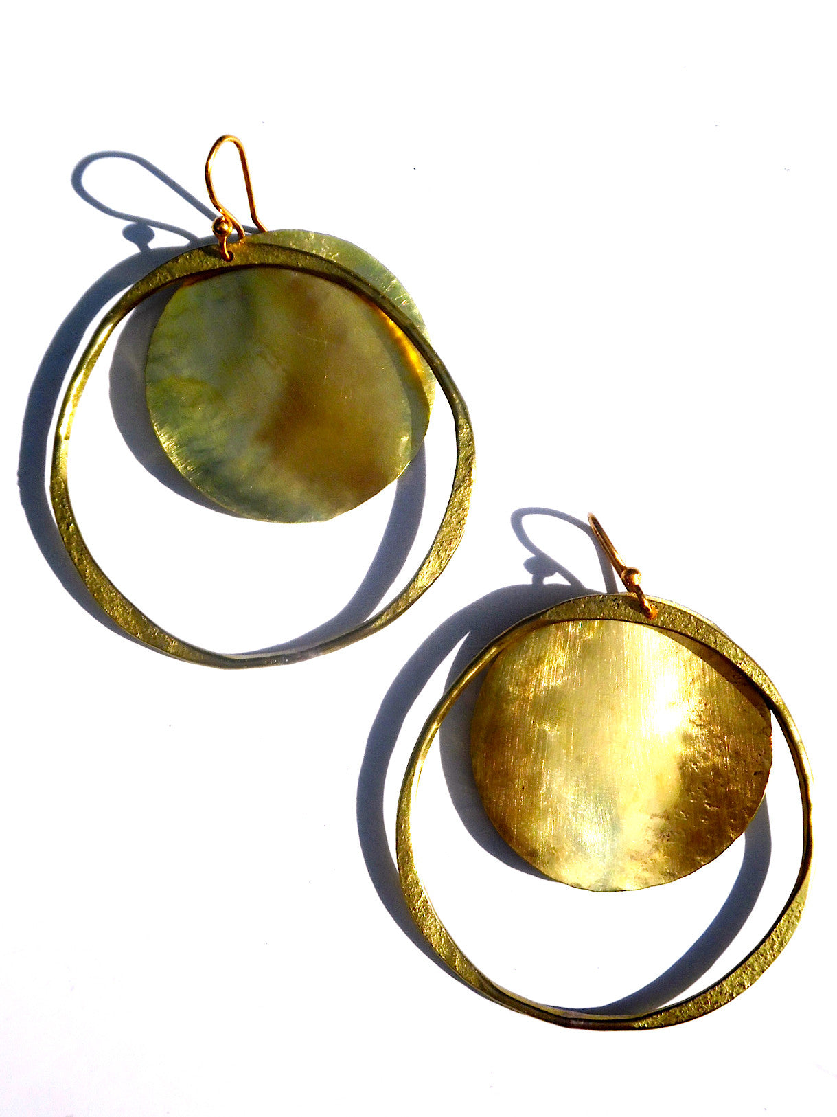 Earrings Hoop And Disc Patina And Gold On Brass