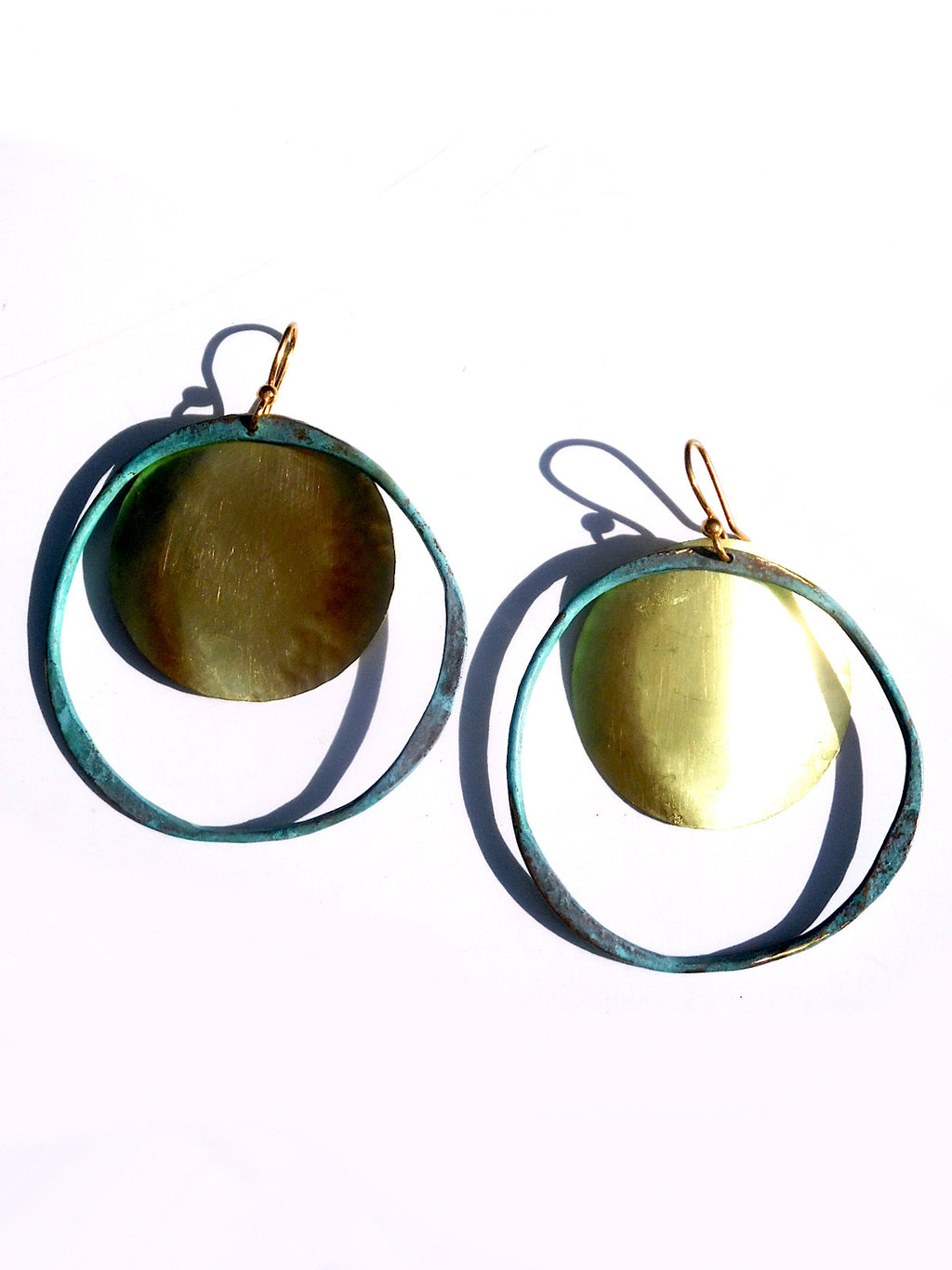 Earrings Hoop And Disc Patina And Gold On Brass