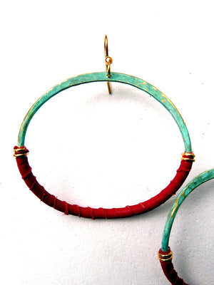 HOOP EARRINGS PATINA AND RED LEATHER SMALL LARGE