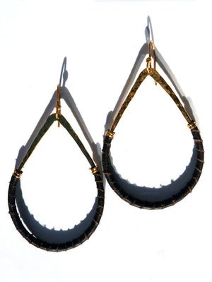 Earrings Teardrop Gold Plated Brass And Leather