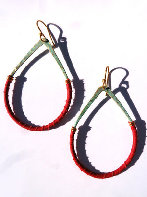 Earrings Teardrop Patina On Brass And Red Leather