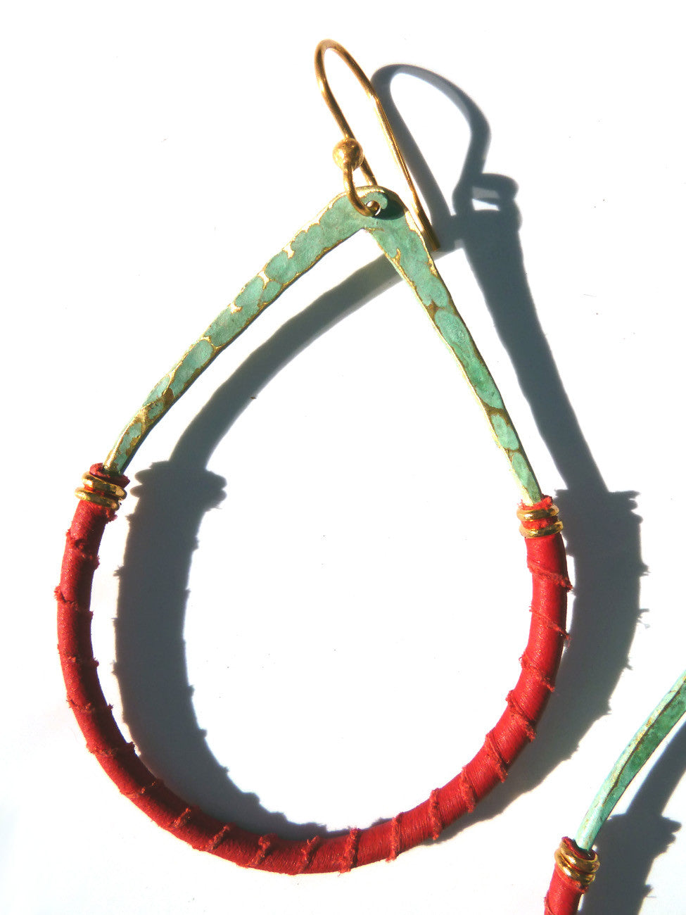 Earrings Teardrop Patina On Brass And Red Leather