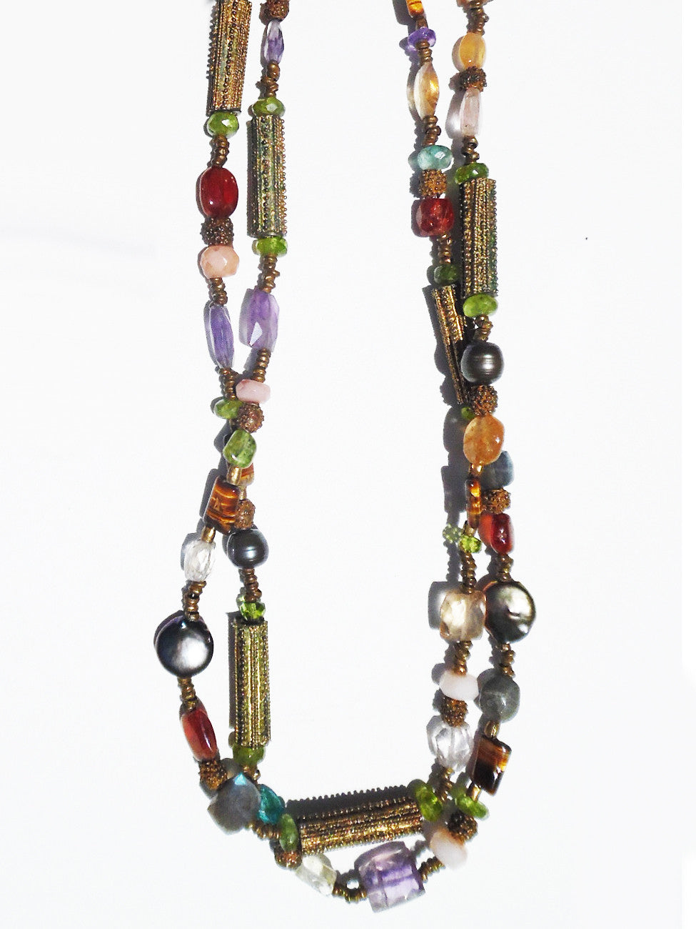 Necklace Citrine, Quartz and Vintage African Brass Double Length