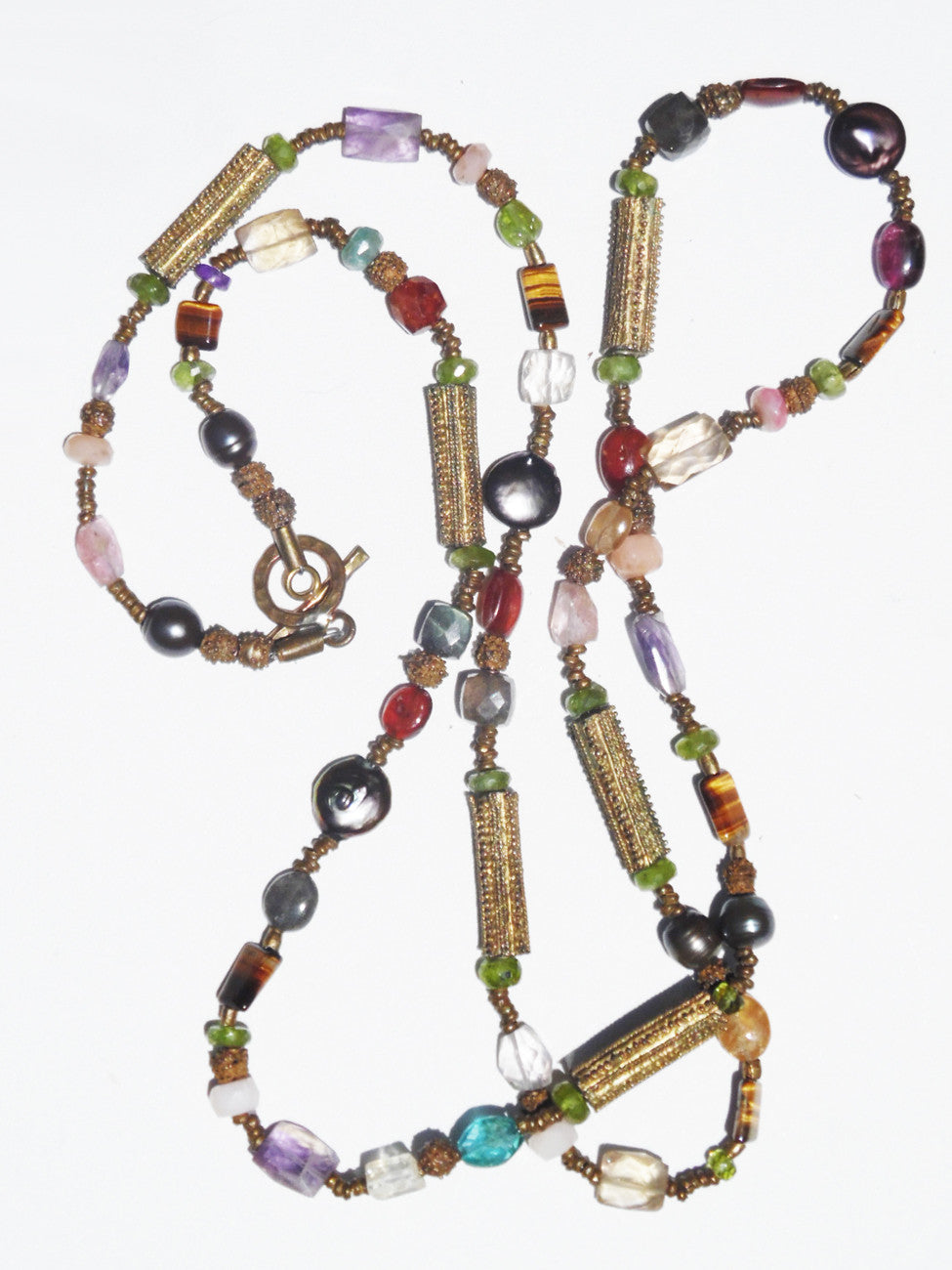 Necklace Citrine, Quartz and Vintage African Brass Double Length