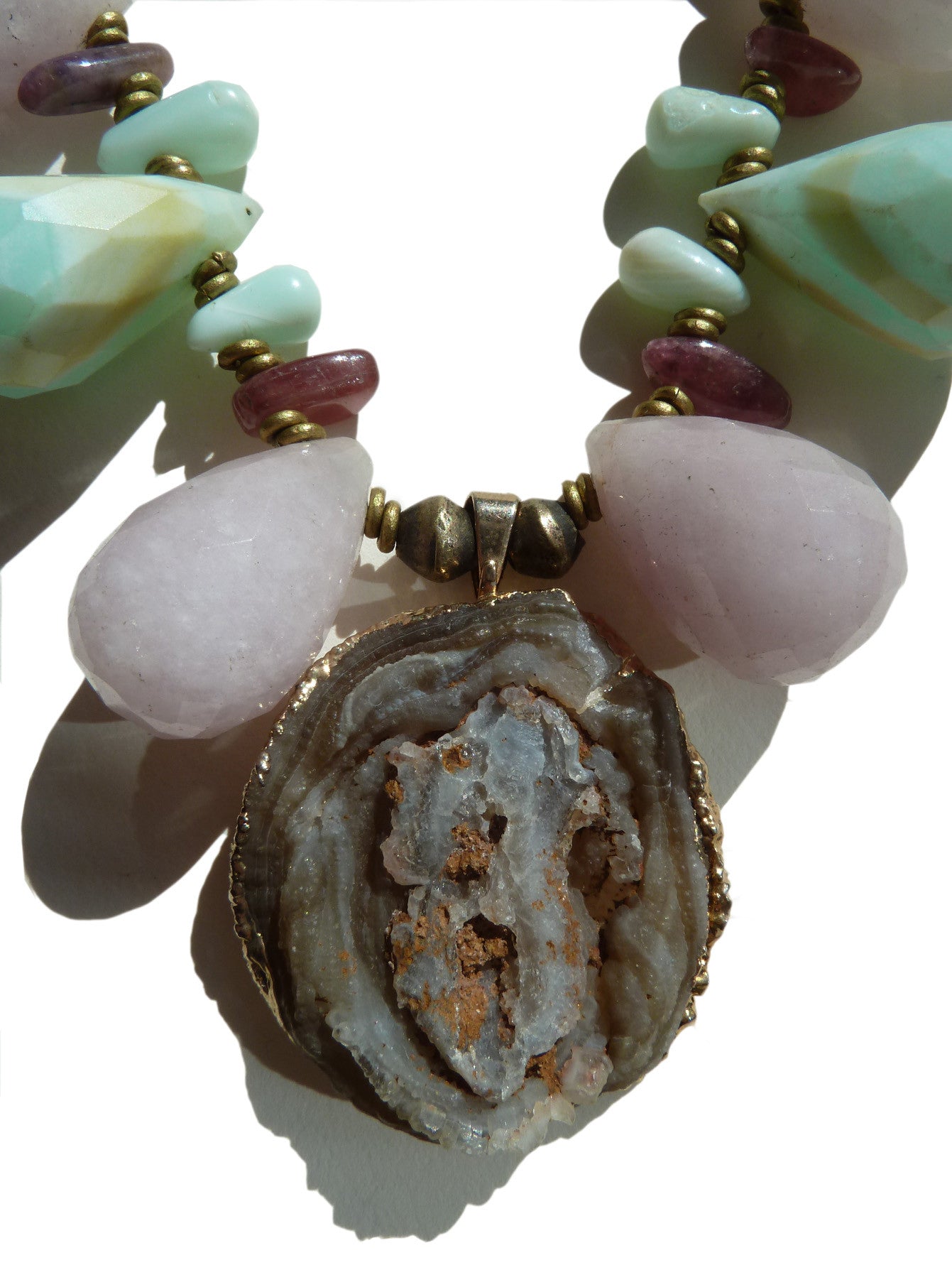 Necklace Rose Quartz Tourmaline Chalcedony And Pendant