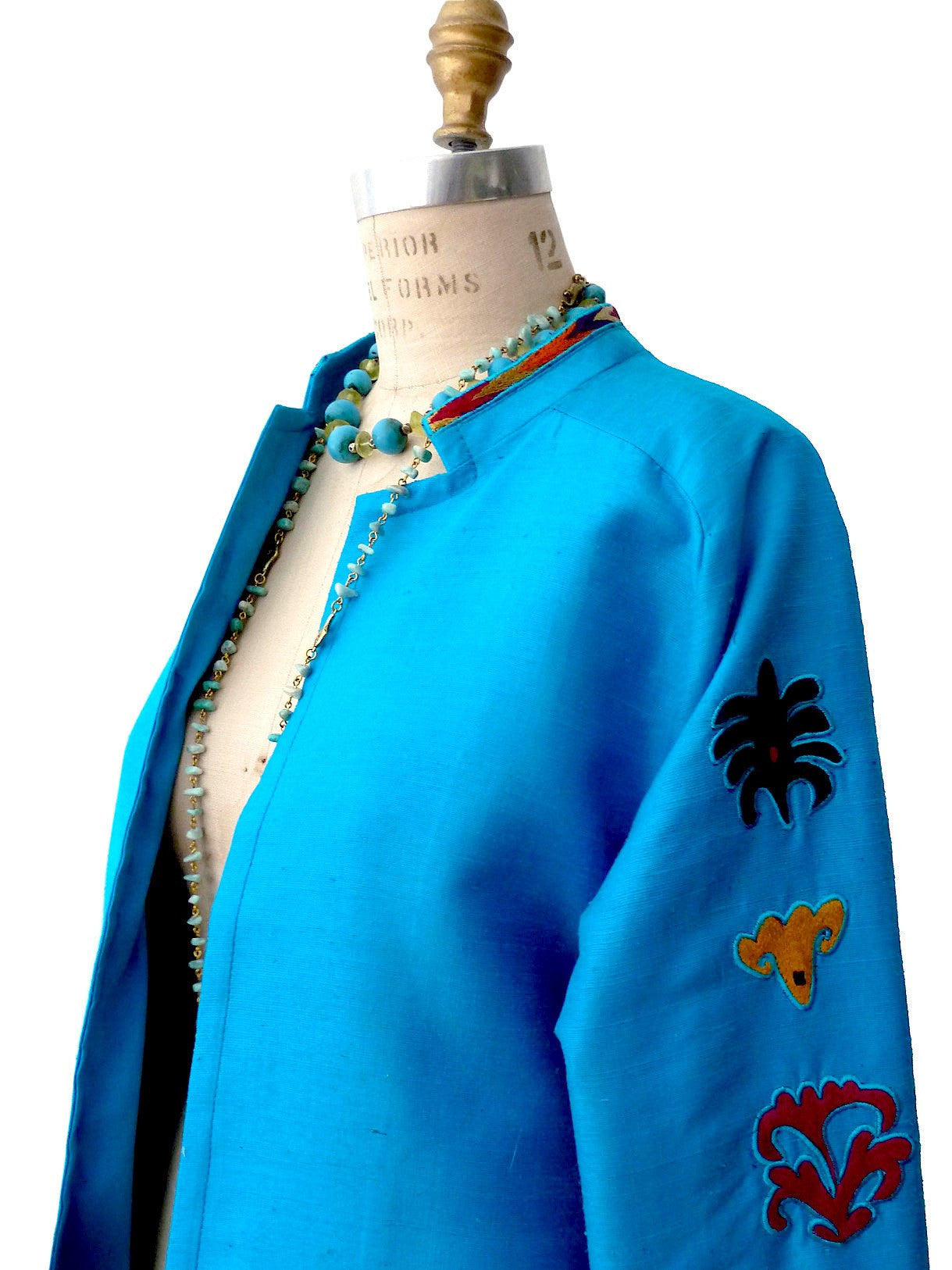 Silk Vintage Suzani Open Tunic Cocktail Coat Turquoise