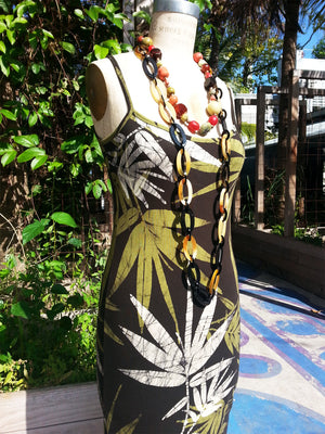 Batik Sun Dress Bamboo Print Chocolate Green Ivory