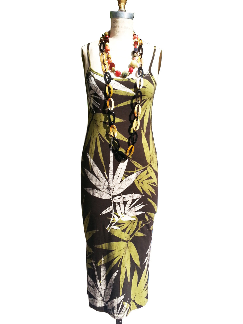 Batik Sun Dress Bamboo Print Chocolate Green Ivory