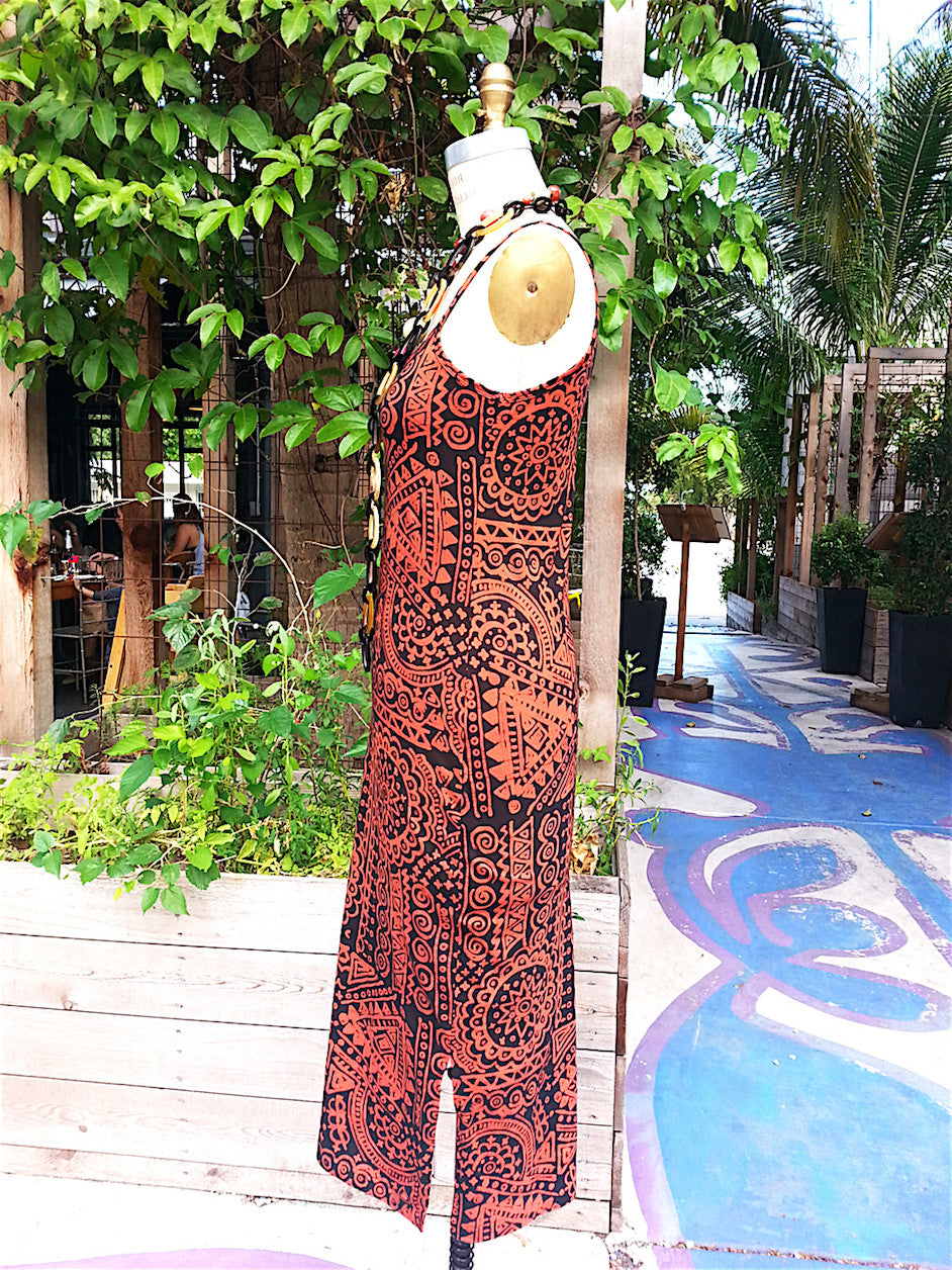 Batik Beach Dress in Indonesia Orange on Black