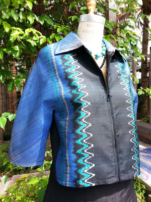 Modern Ikat Couture Cut Jacket Black Cobalt Turquoise