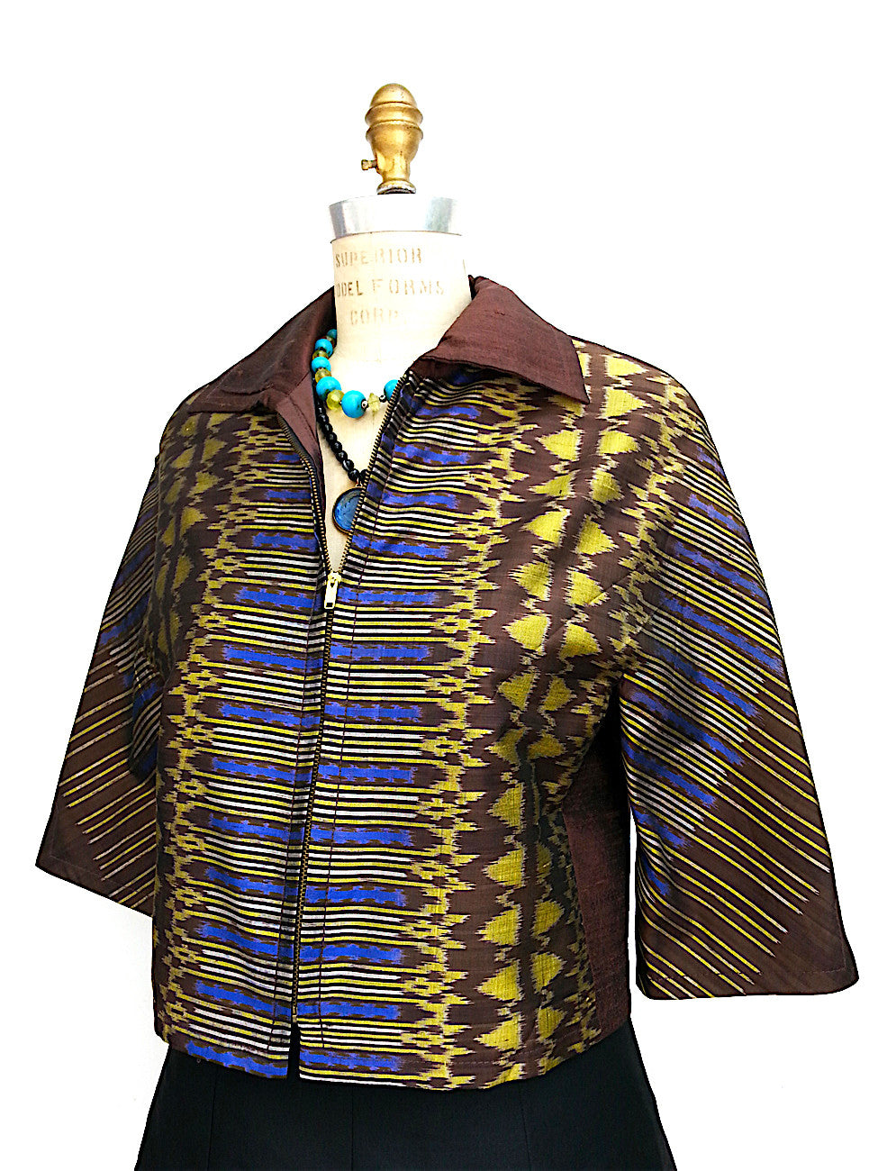 Modern Ikat Couture Cut Jacket Chocolate Cobalt Gold