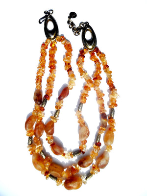 Necklace Triple Strand Citrine Amber and Agate