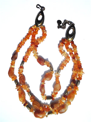 Necklace Triple Strand Citrine Amber and Agate