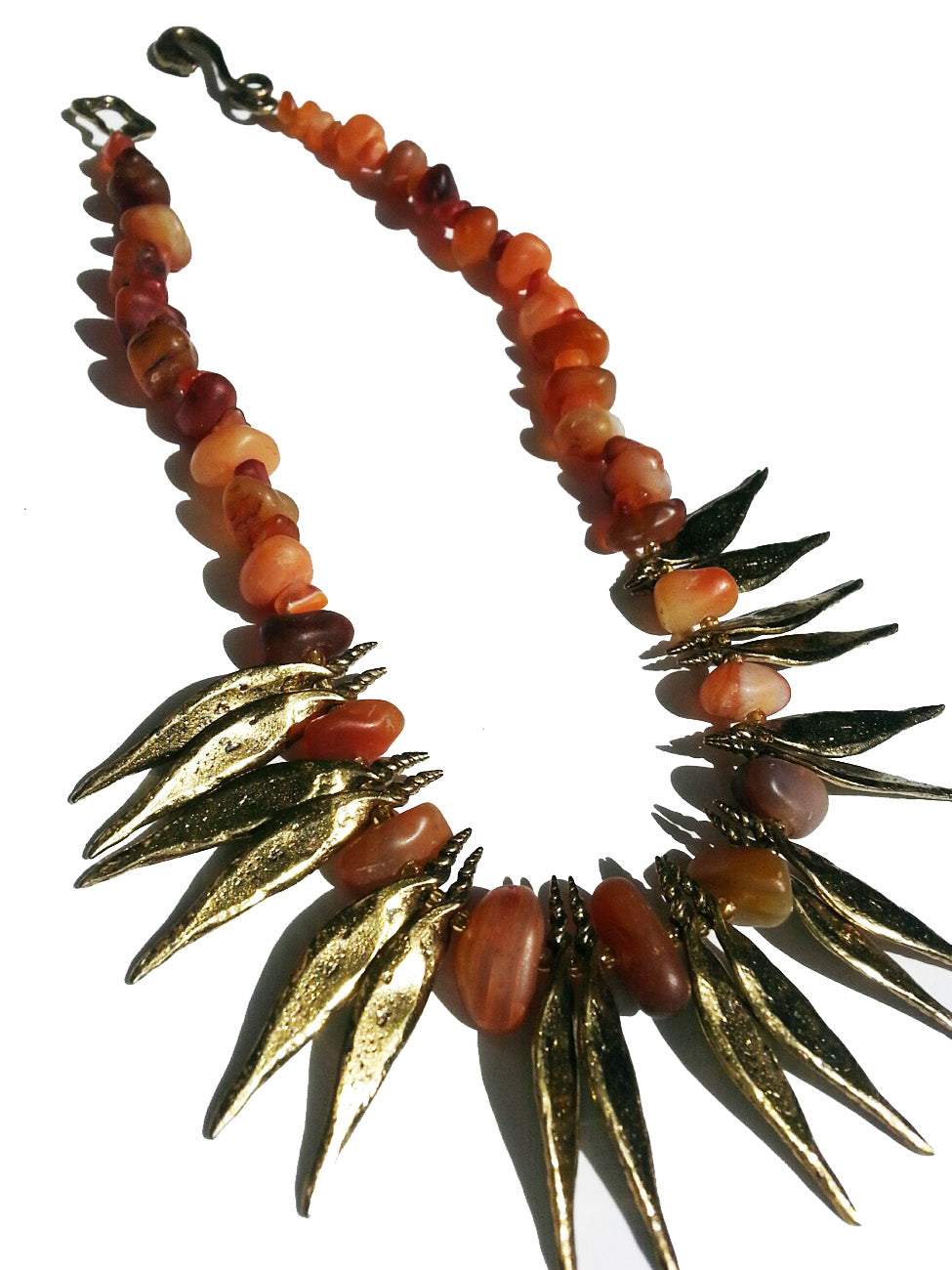 Necklace Carnelian Agate and Bronze Spikes
