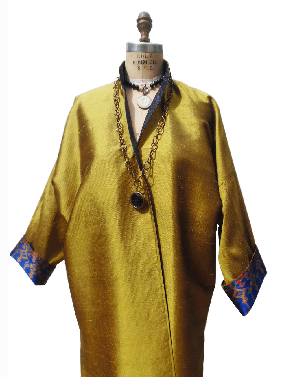 Reversible Silk Ikat Cocktail Coat Gold Royal Blue