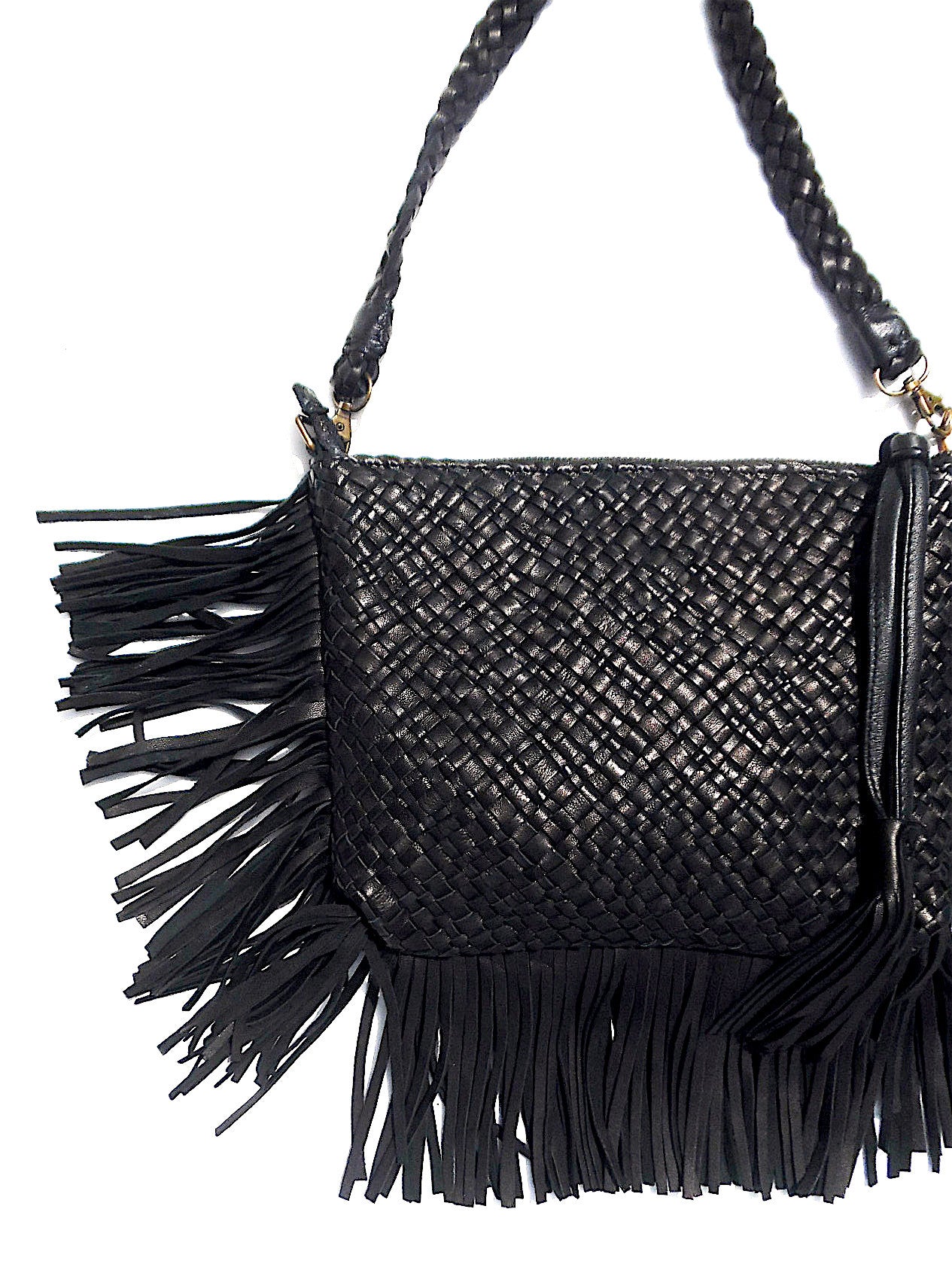 Hand Woven Leather Clutch With Fringe And Tassel Metallic - Crossbody Strap