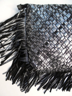 Hand Woven Leather Clutch With Fringe And Tassel Metallic