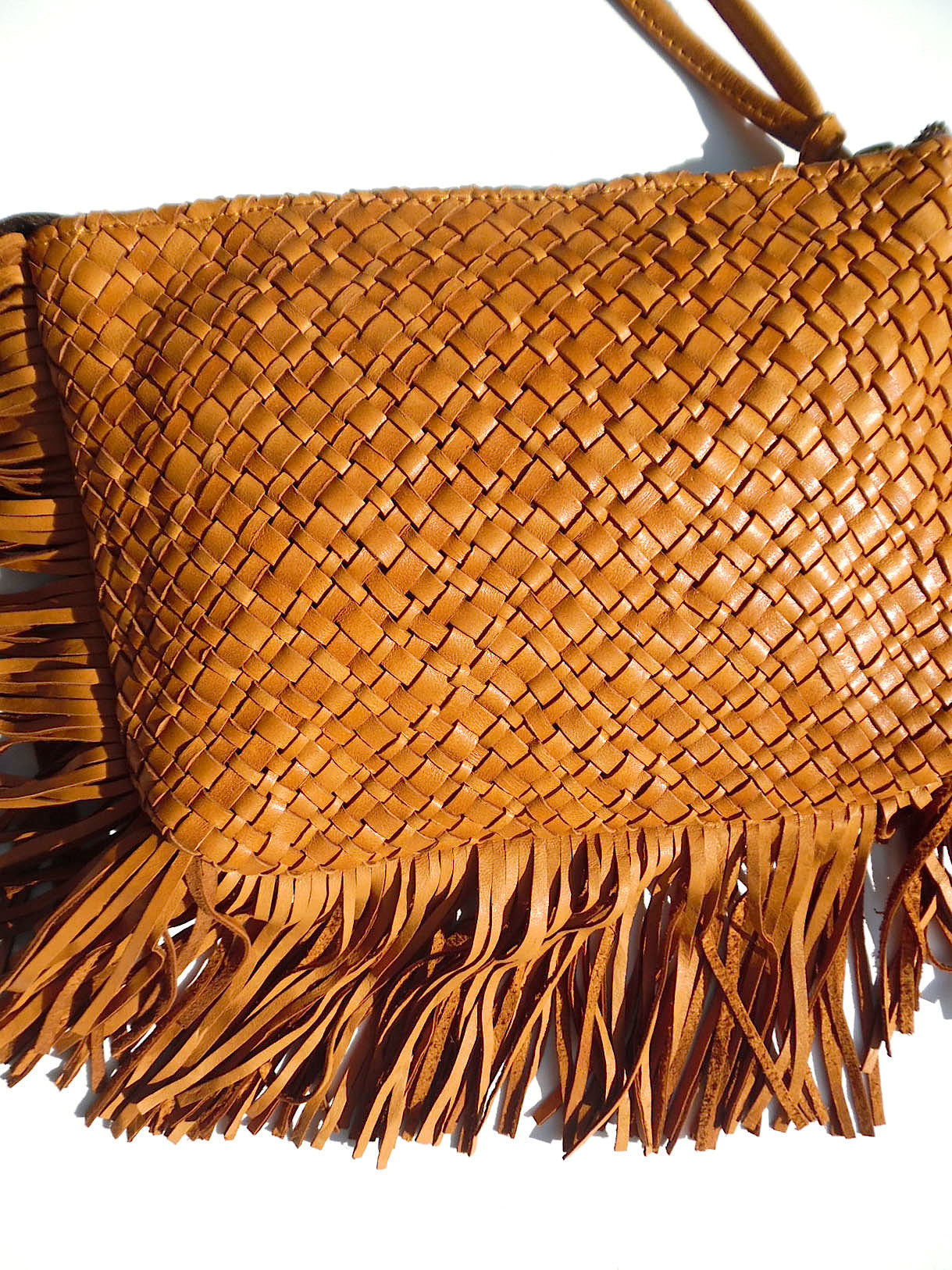 Hand Woven Leather Clutch With Fringe And Tassel