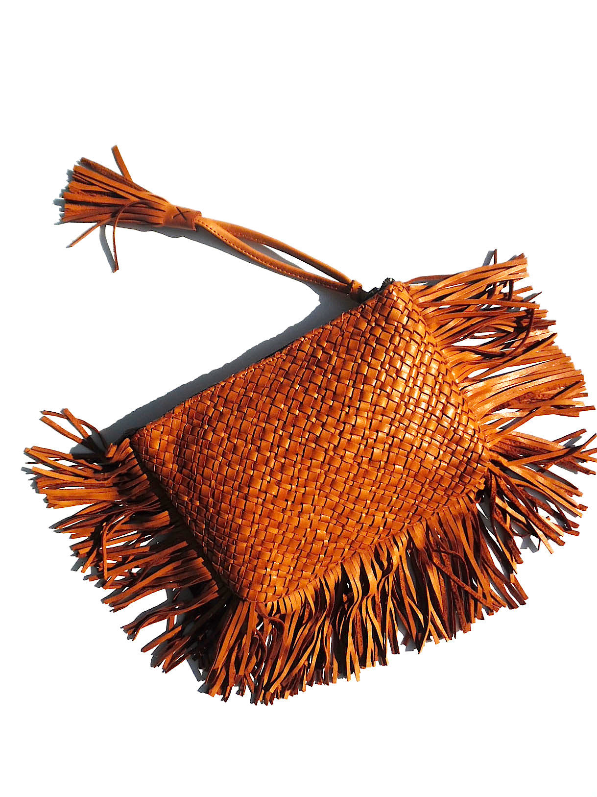 Hand Woven Leather Clutch With Fringe And Tassel