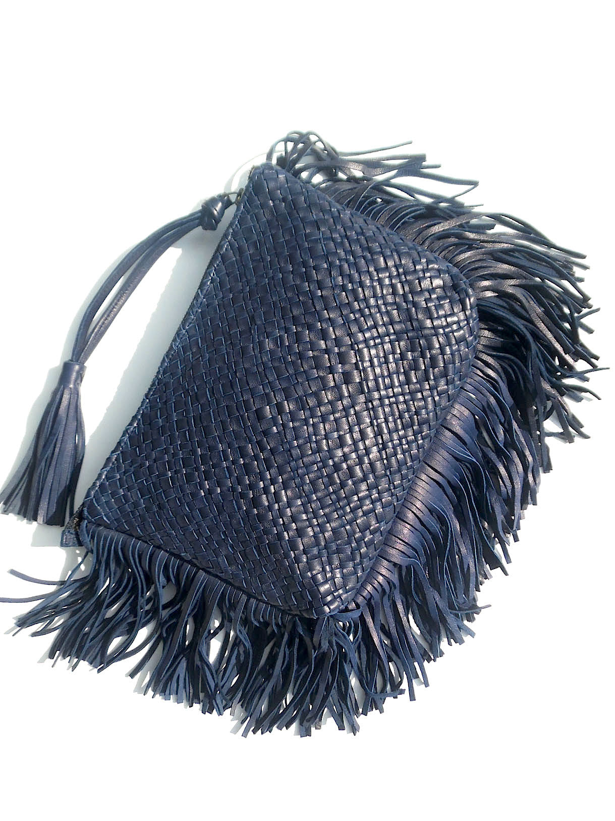 Hand Woven Leather Clutch With Fringe And Tassel Metallic