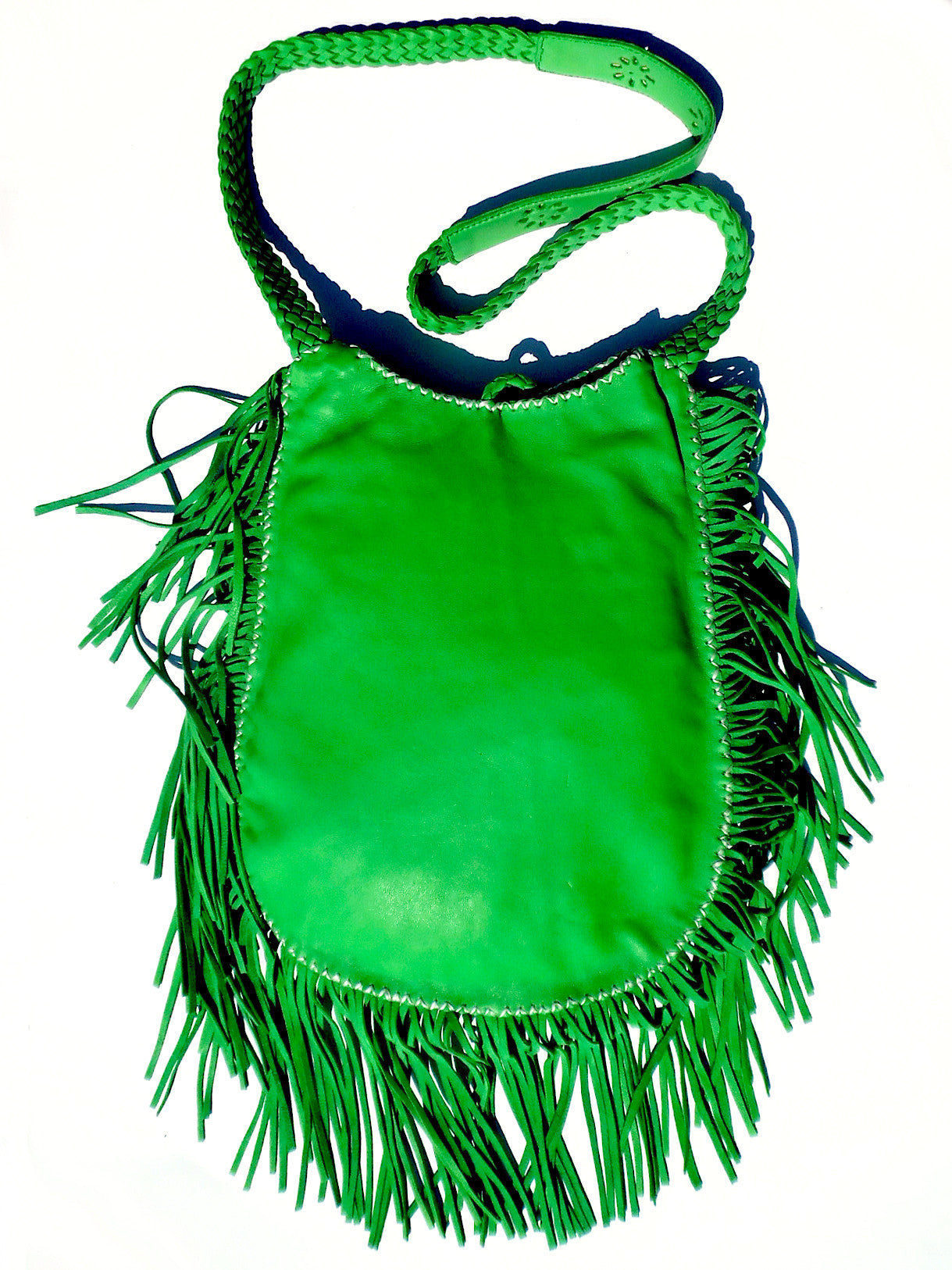 Hand Woven Leather Shoulder Crossbody Bag And Fringe Green