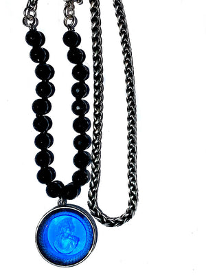 Double Necklace Intaglio Faceted Glass Beads Mesh Rope Chain