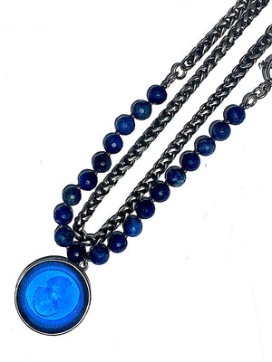 Double Necklace Intaglio Faceted Glass Beads Mesh Rope Chain