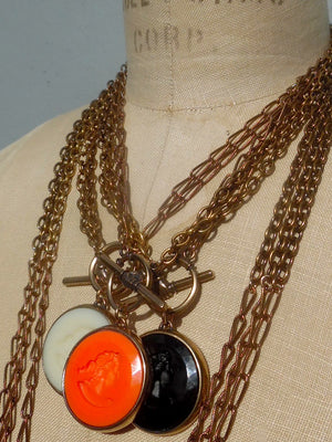 Necklace Intaglio Double Long Chain Black Coral Ivory