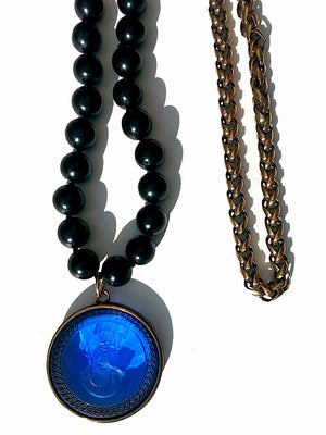 Double Necklace Intaglio Jet Beads Mesh Rope Chain
