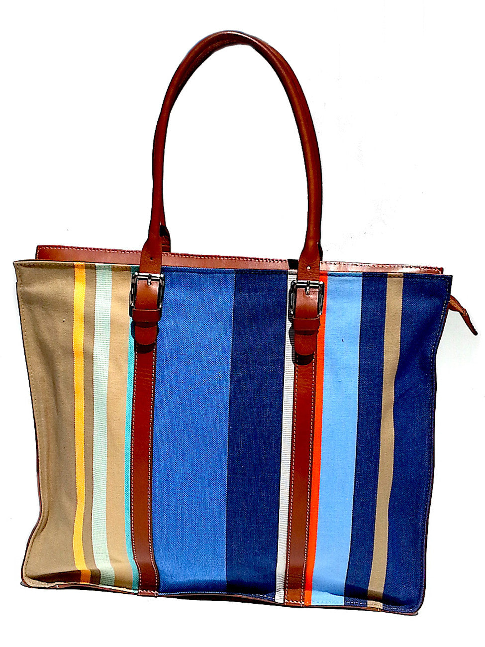 French Cotton and Saddle Leather Box Tote