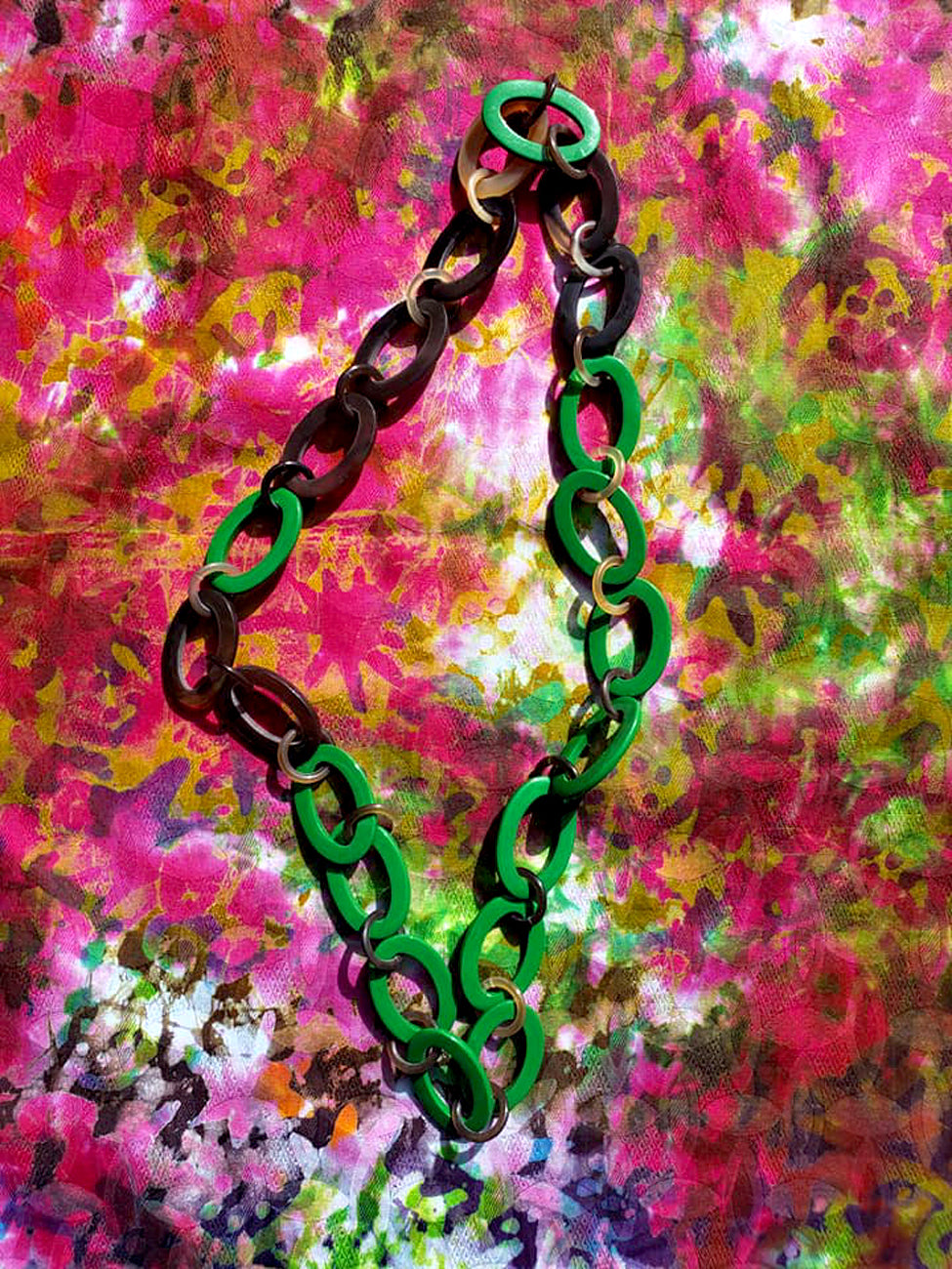 Horn Necklace Green Lacquer Mixed Links