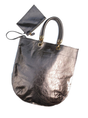Flat Oblong Tote Bag Metallic Leather Anthracite And Bronze