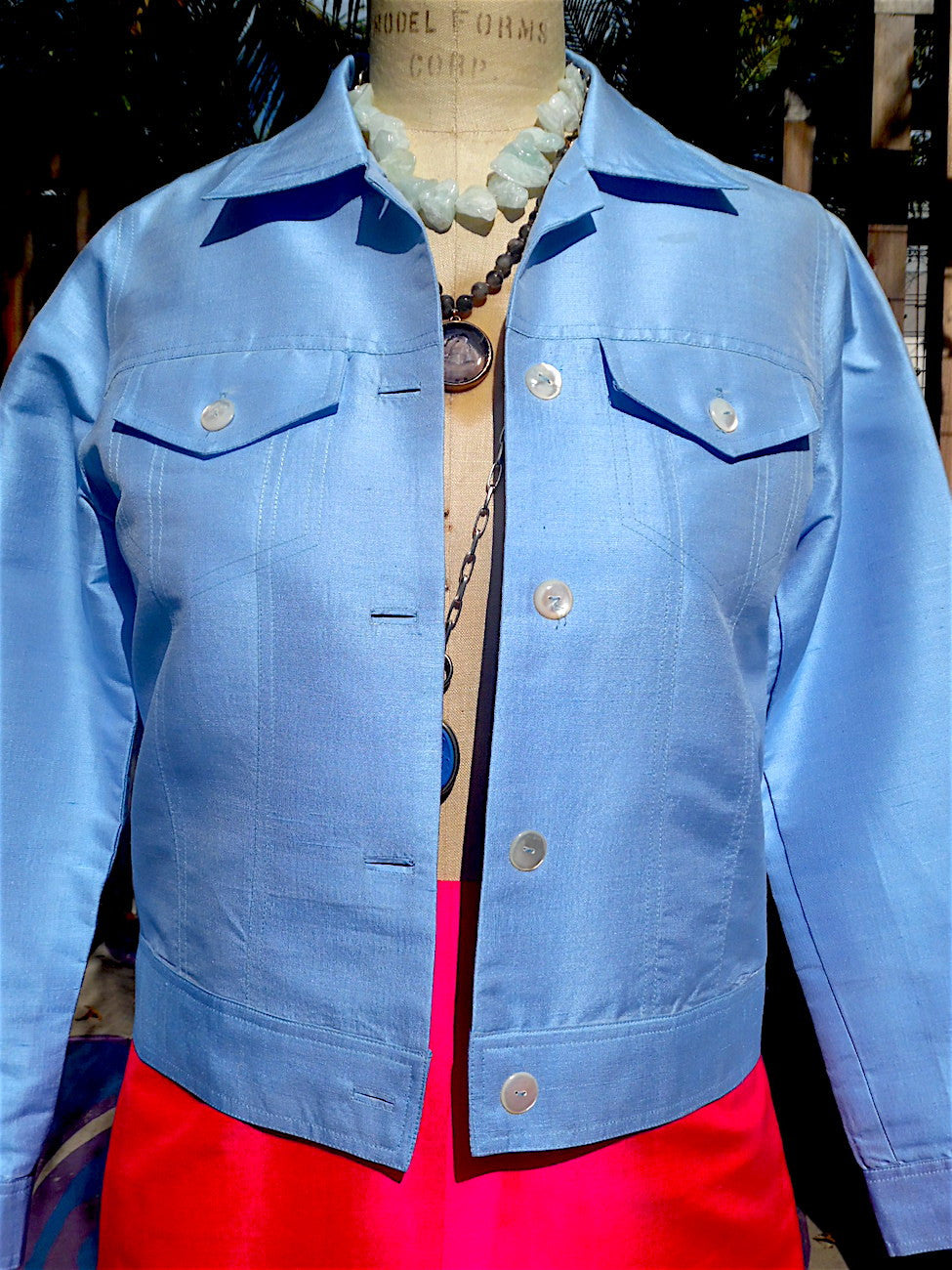 Jean Jacket Thai Silk And Mother Of Pearl Baby Blue Ivory