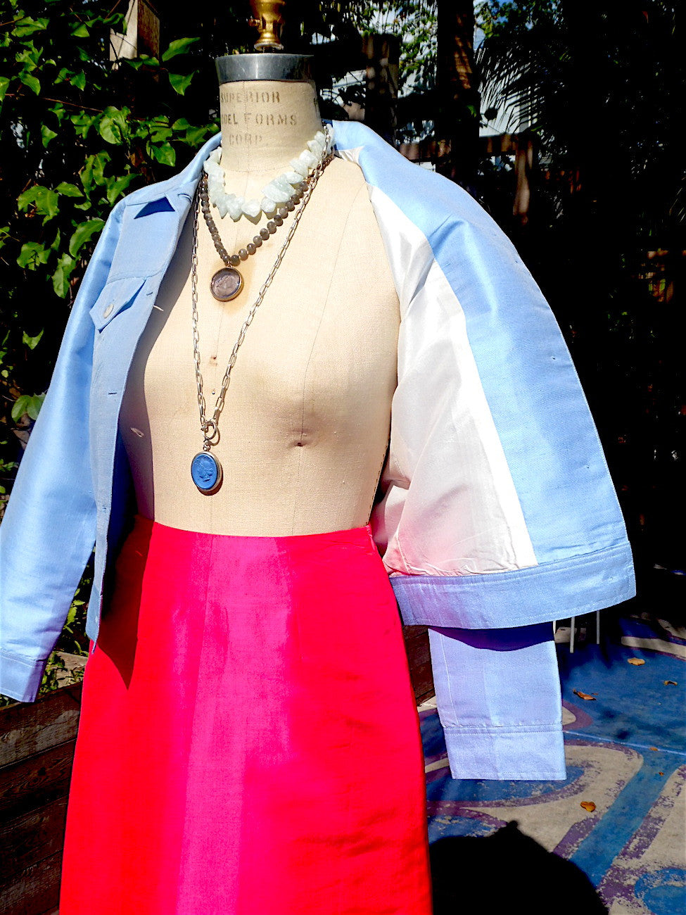 Jean Jacket Thai Silk And Mother Of Pearl Baby Blue Ivory