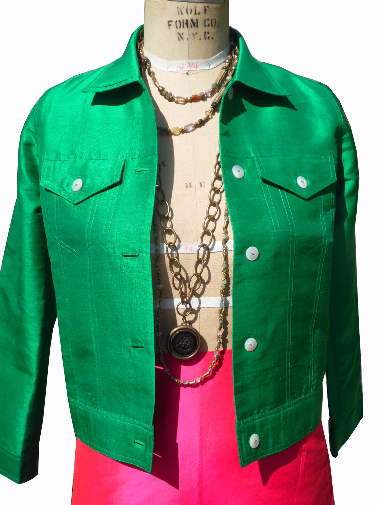 Jean Jacket Thai Silk And Mother Of Pearl Kelly Green