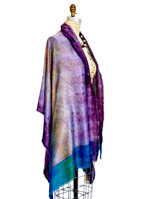 Hand Painted Silk Shawl With Embroidered Detail